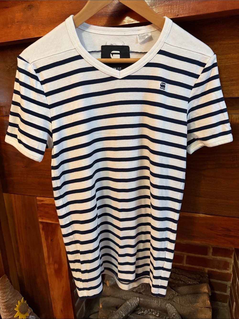 G-Star Navy & White V‑Neck Striped Tee
